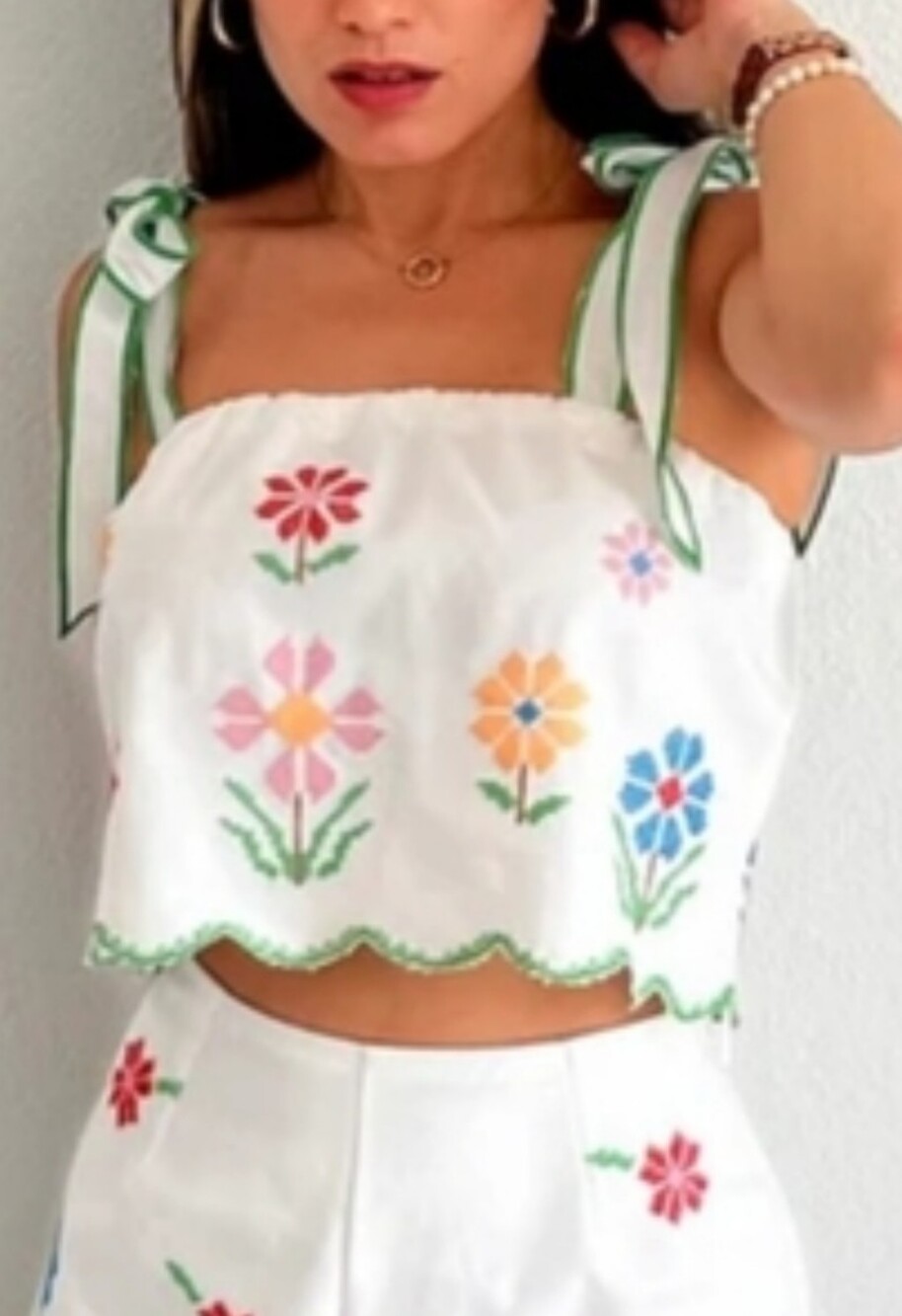 White Embroidered Floral Tie-Shoulder Crop Camisole